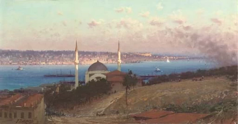 La Moschea Dolmabahçe e Üsküdar visti dalle colline di Gümüssüyü, Costantinopoli